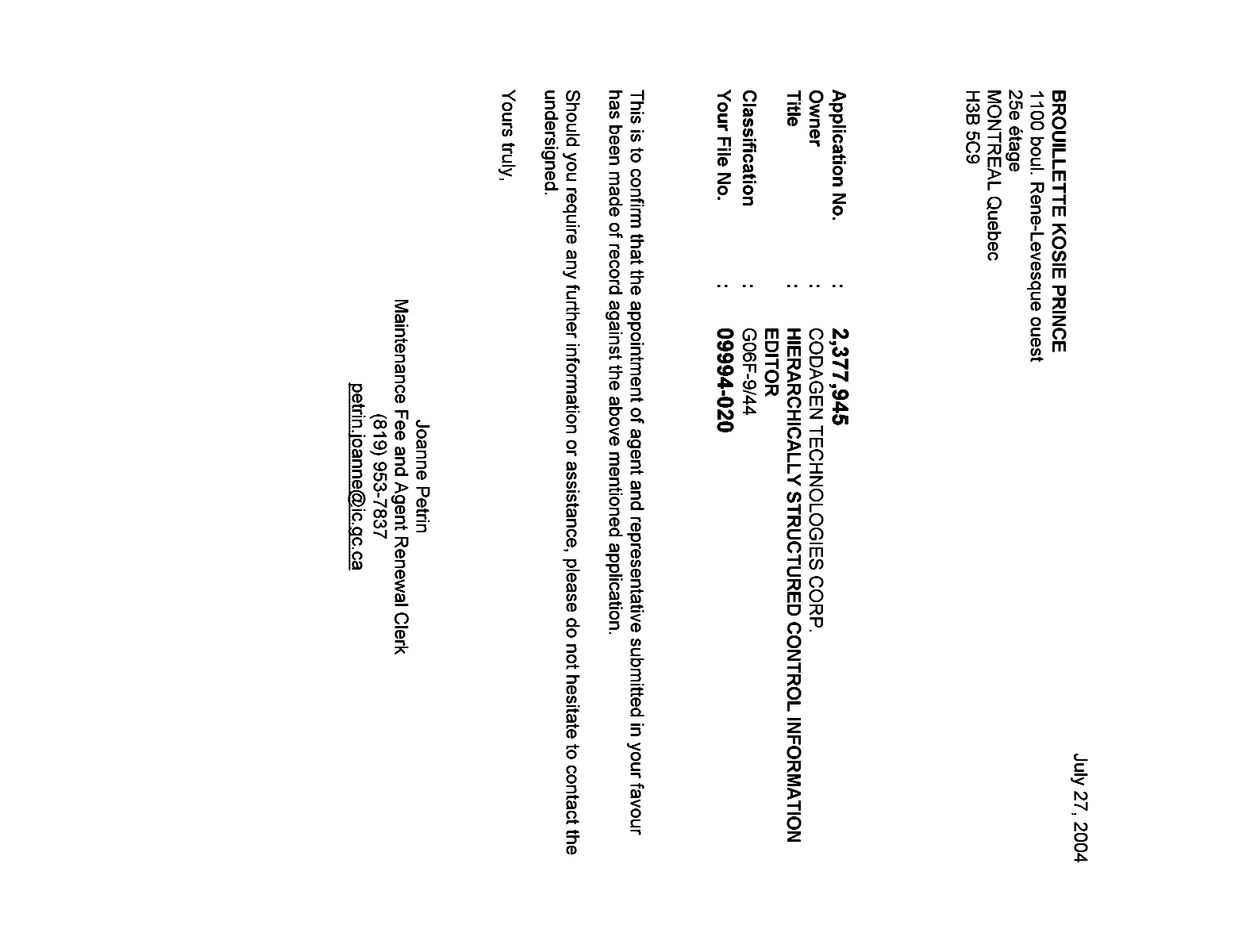 Document de brevet canadien 2377945. Correspondance 20031227. Image 1 de 1
