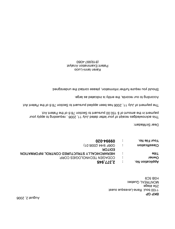 Document de brevet canadien 2377945. Correspondance 20051202. Image 1 de 1