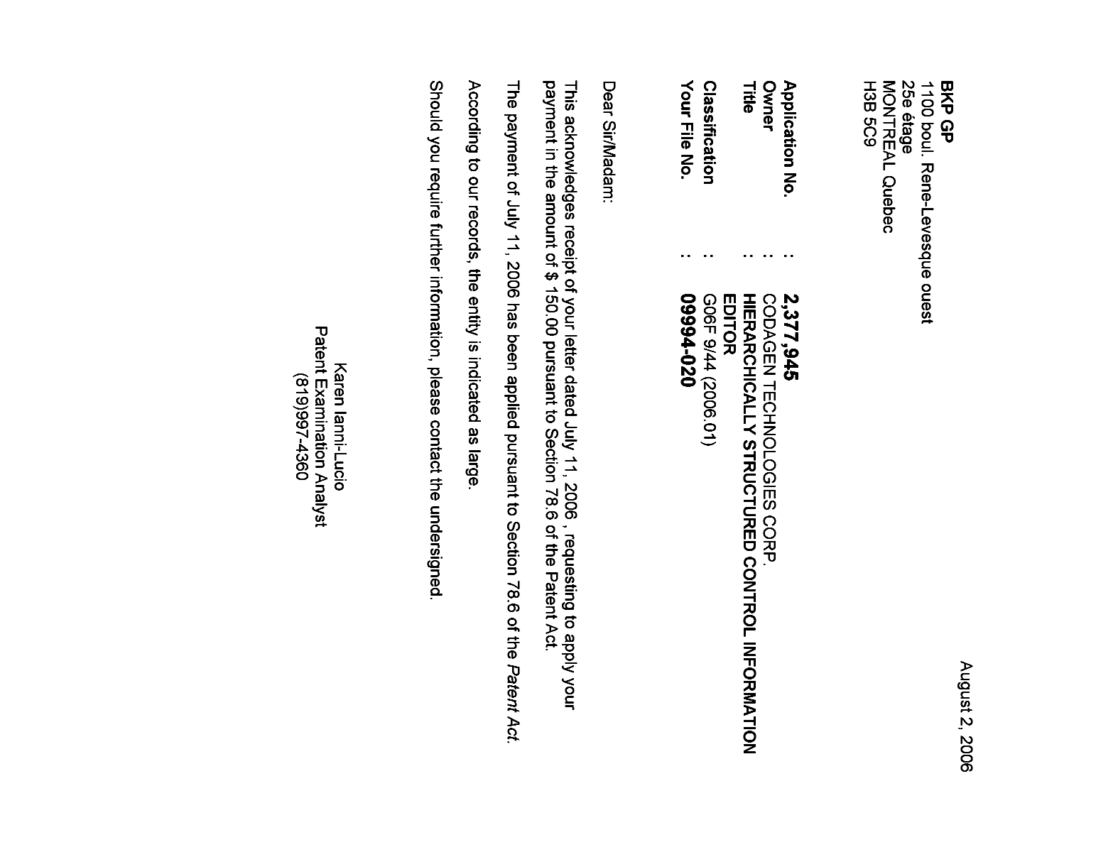 Document de brevet canadien 2377945. Correspondance 20051202. Image 1 de 1