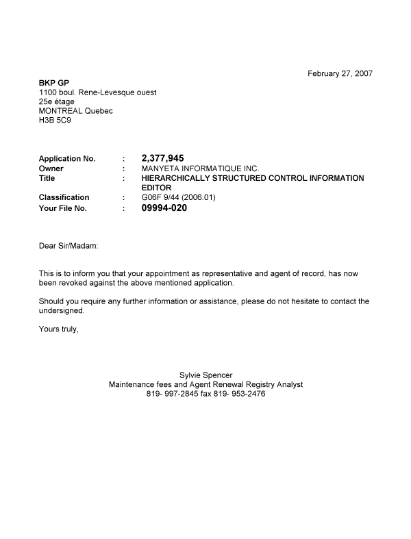 Document de brevet canadien 2377945. Correspondance 20061227. Image 1 de 1