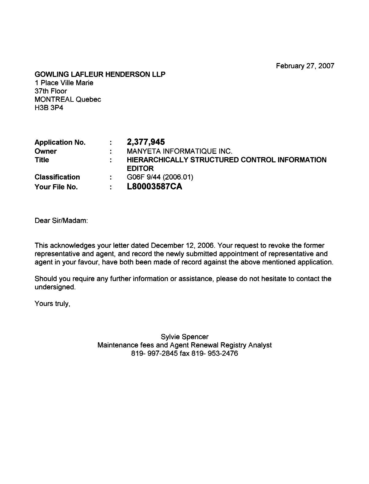Canadian Patent Document 2377945. Correspondence 20061227. Image 1 of 1