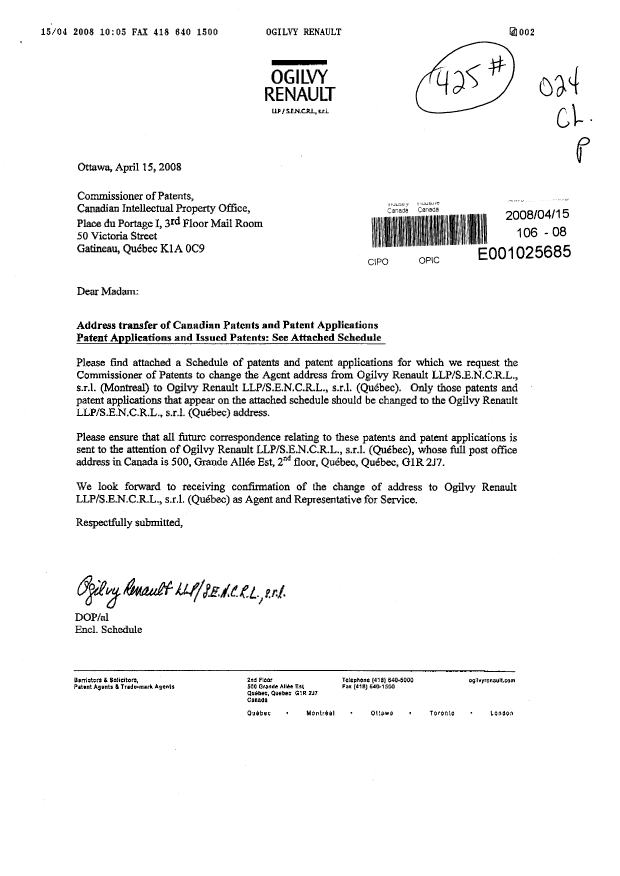 Document de brevet canadien 2377945. Correspondance 20071215. Image 1 de 20