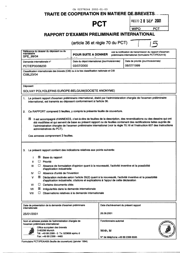 Document de brevet canadien 2378244. PCT 20020103. Image 1 de 14