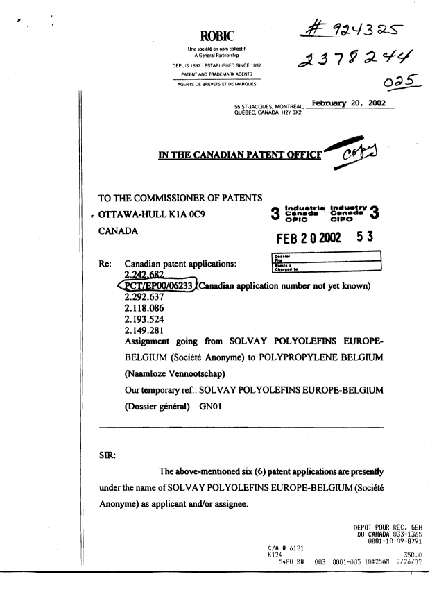 Document de brevet canadien 2378244. Cession 20020220. Image 1 de 6