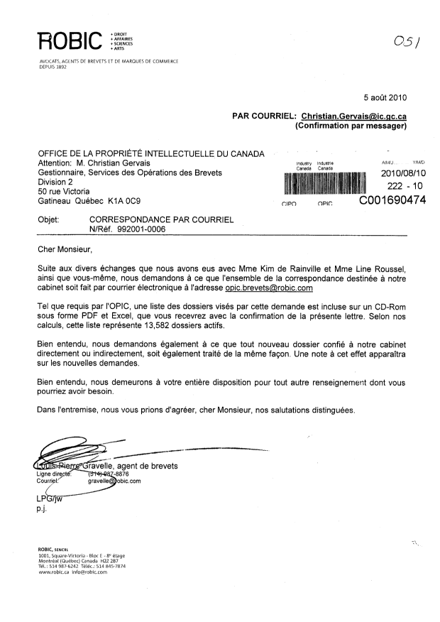 Document de brevet canadien 2378244. Correspondance 20100810. Image 1 de 1