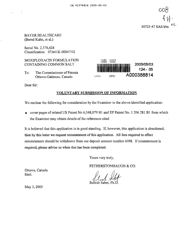 Document de brevet canadien 2378424. Poursuite-Amendment 20041203. Image 1 de 1