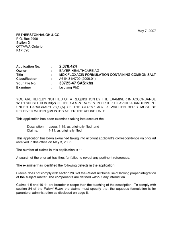 Document de brevet canadien 2378424. Poursuite-Amendment 20061207. Image 1 de 2