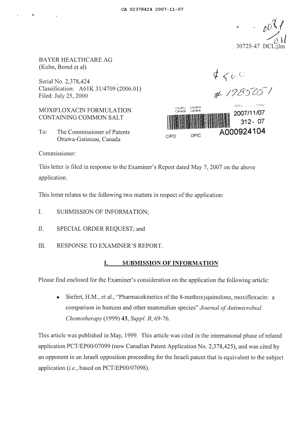 Document de brevet canadien 2378424. Poursuite-Amendment 20061207. Image 1 de 10