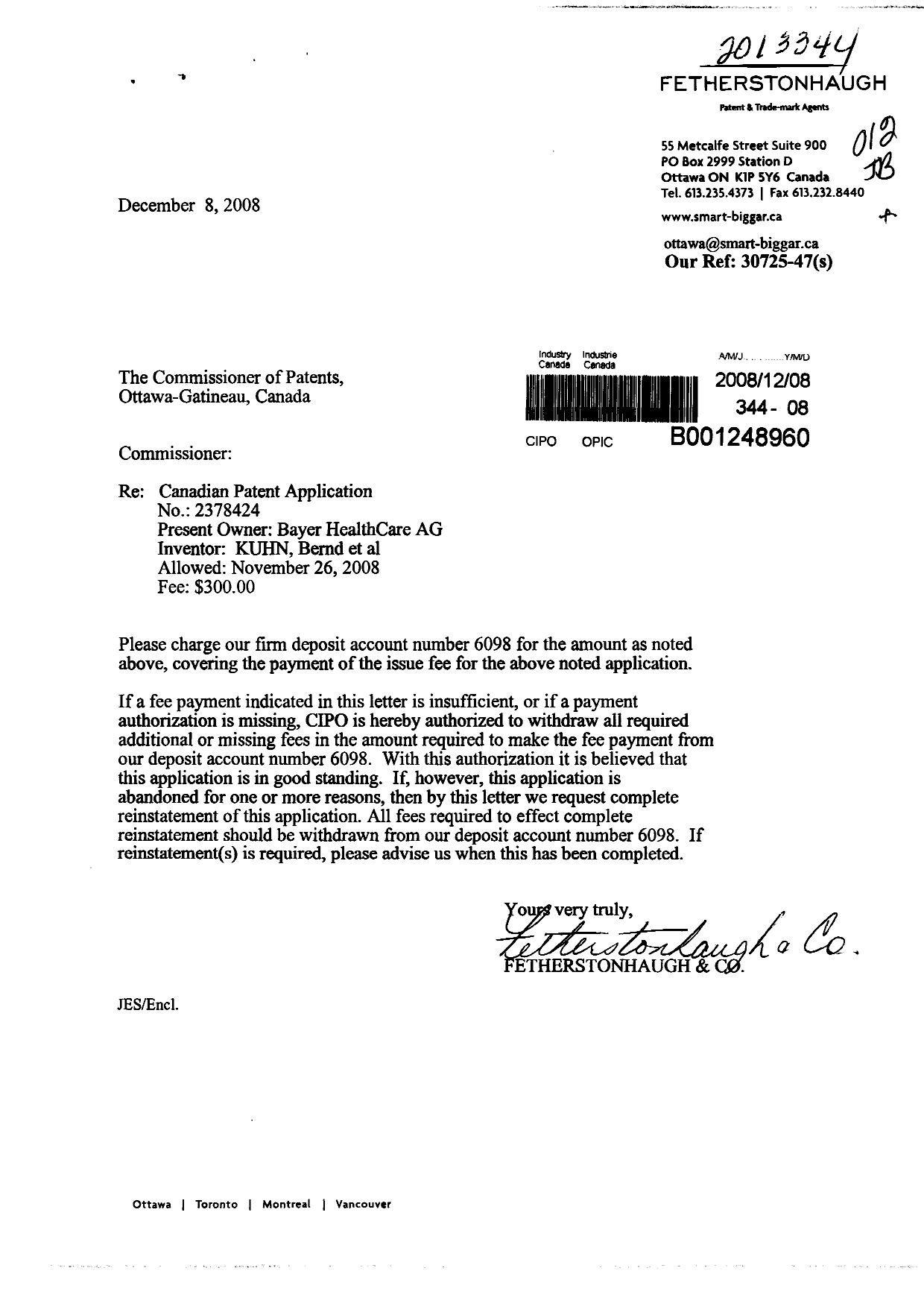 Canadian Patent Document 2378424. Correspondence 20071208. Image 1 of 1