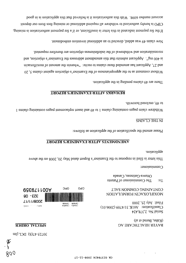 Document de brevet canadien 2378424. Poursuite-Amendment 20071217. Image 1 de 10