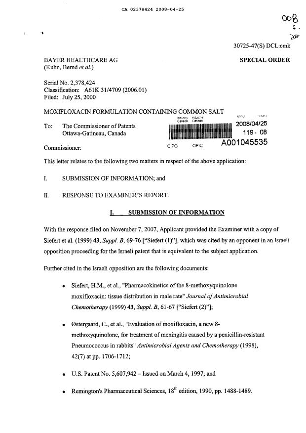 Document de brevet canadien 2378424. Poursuite-Amendment 20071225. Image 1 de 8