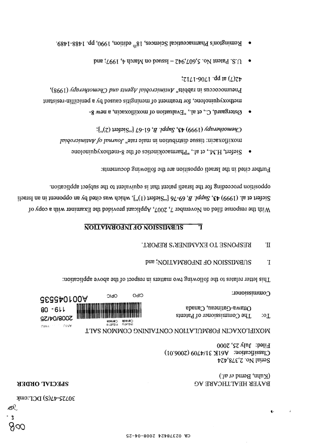 Canadian Patent Document 2378424. Prosecution-Amendment 20071225. Image 1 of 8