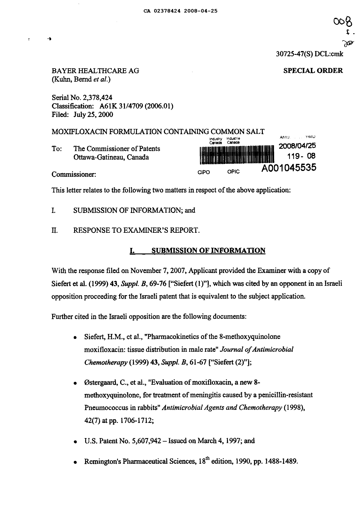Canadian Patent Document 2378424. Prosecution-Amendment 20071225. Image 1 of 8
