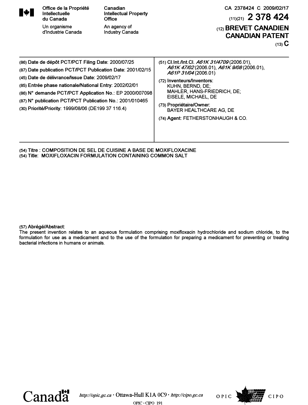 Canadian Patent Document 2378424. Cover Page 20081227. Image 1 of 1