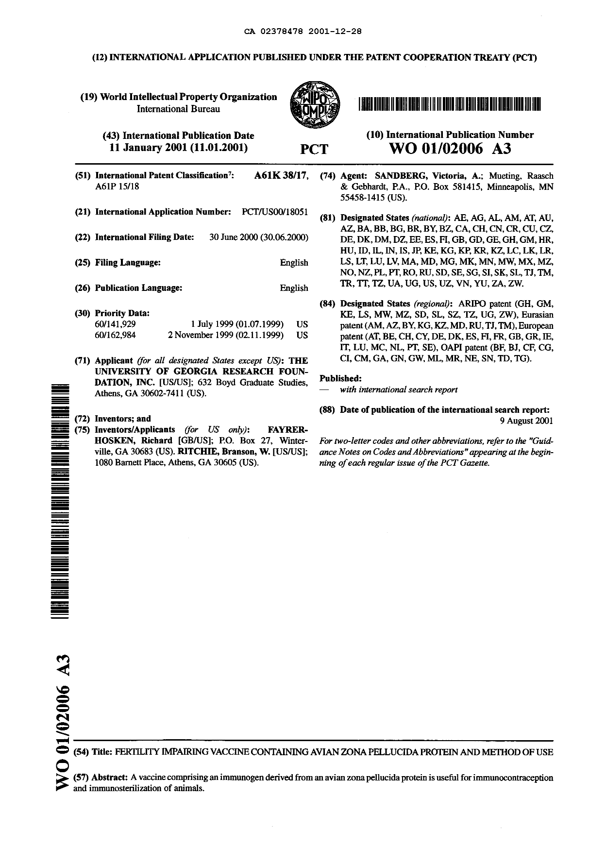 Document de brevet canadien 2378478. Abrégé 20001228. Image 1 de 1