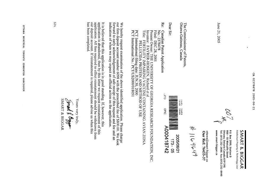 Document de brevet canadien 2378478. Poursuite-Amendment 20050621. Image 1 de 1