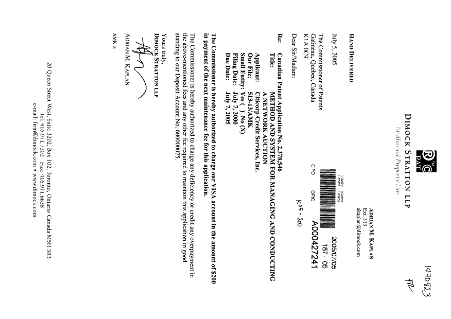 Canadian Patent Document 2378546. Fees 20050705. Image 1 of 1