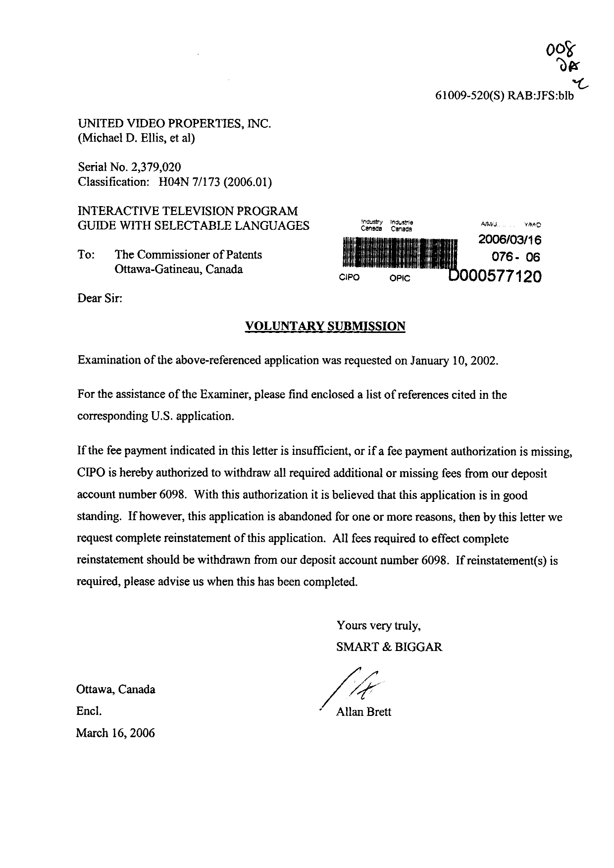 Canadian Patent Document 2379020. Prosecution-Amendment 20060316. Image 1 of 1