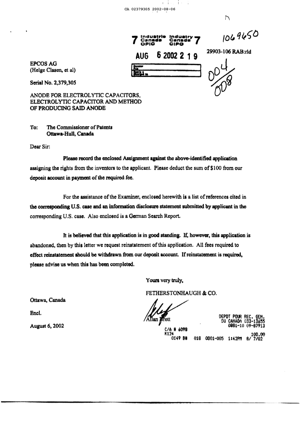 Document de brevet canadien 2379305. Poursuite-Amendment 20020806. Image 1 de 1