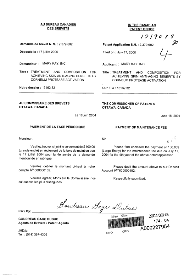 Document de brevet canadien 2379682. Taxes 20040618. Image 1 de 1