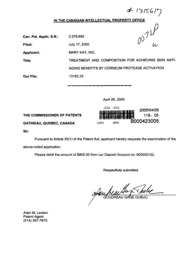 Canadian Patent Document 2379682. Prosecution-Amendment 20050426. Image 1 of 1