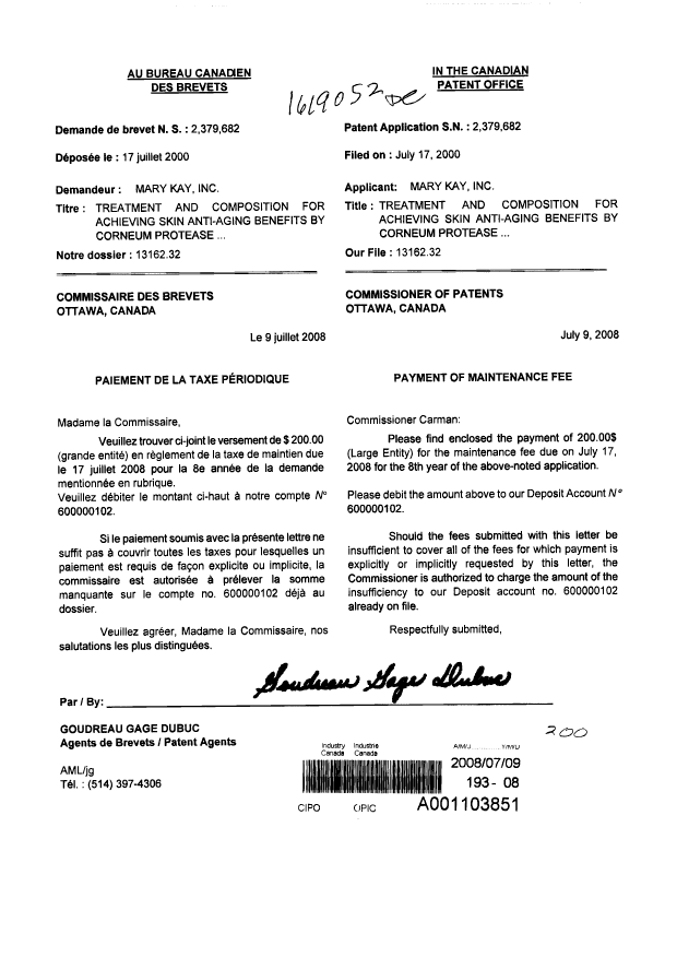 Canadian Patent Document 2379682. Fees 20080709. Image 1 of 1
