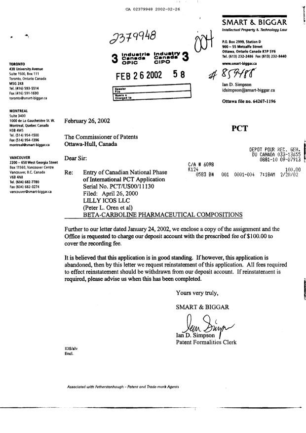 Document de brevet canadien 2379948. Cession 20020226. Image 1 de 3