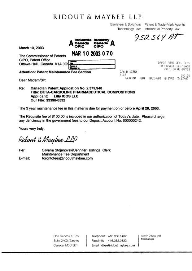 Document de brevet canadien 2379948. Taxes 20021210. Image 1 de 1