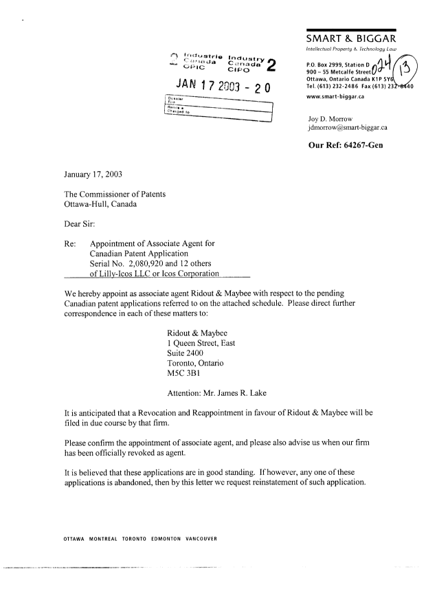 Document de brevet canadien 2379948. Correspondance 20021217. Image 1 de 3