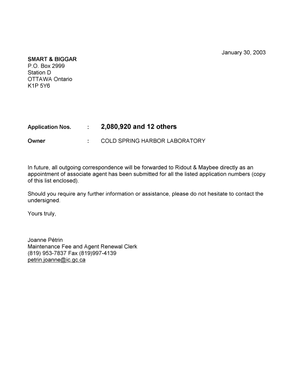 Document de brevet canadien 2379948. Correspondance 20021230. Image 1 de 1