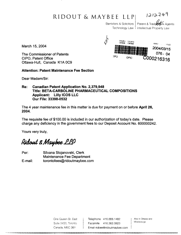 Document de brevet canadien 2379948. Taxes 20031215. Image 1 de 1