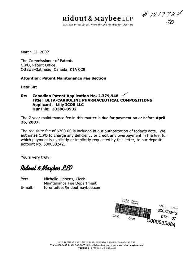 Document de brevet canadien 2379948. Taxes 20061212. Image 1 de 1