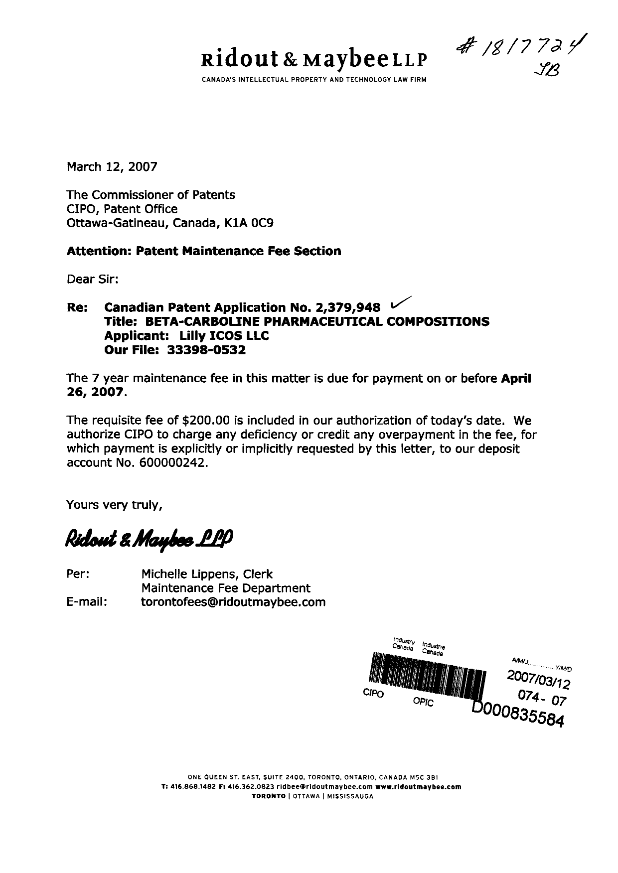 Canadian Patent Document 2379948. Fees 20061212. Image 1 of 1