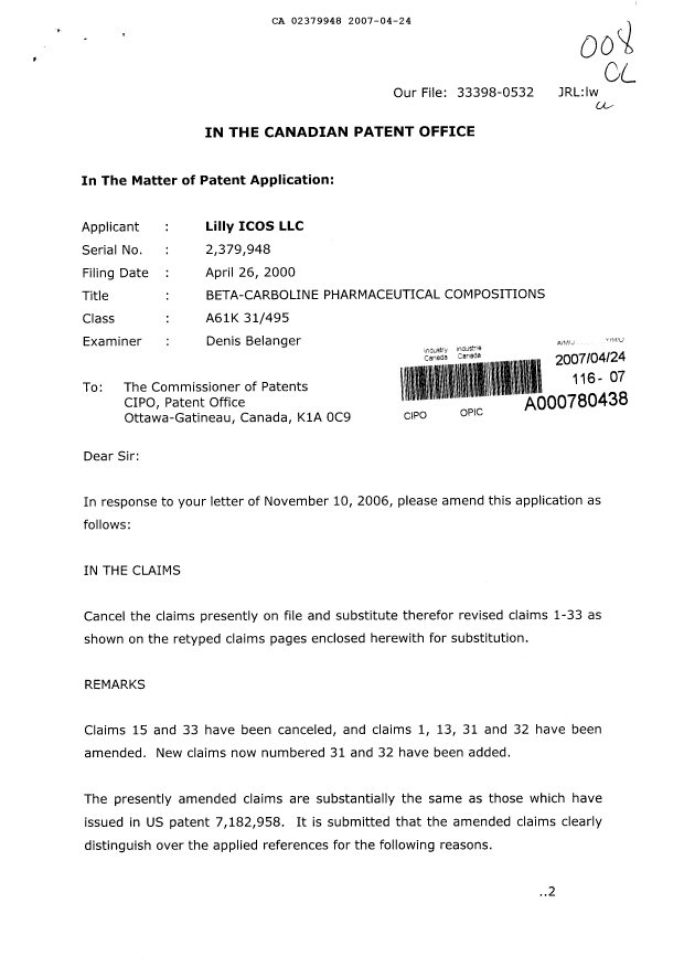 Document de brevet canadien 2379948. Poursuite-Amendment 20061224. Image 1 de 19