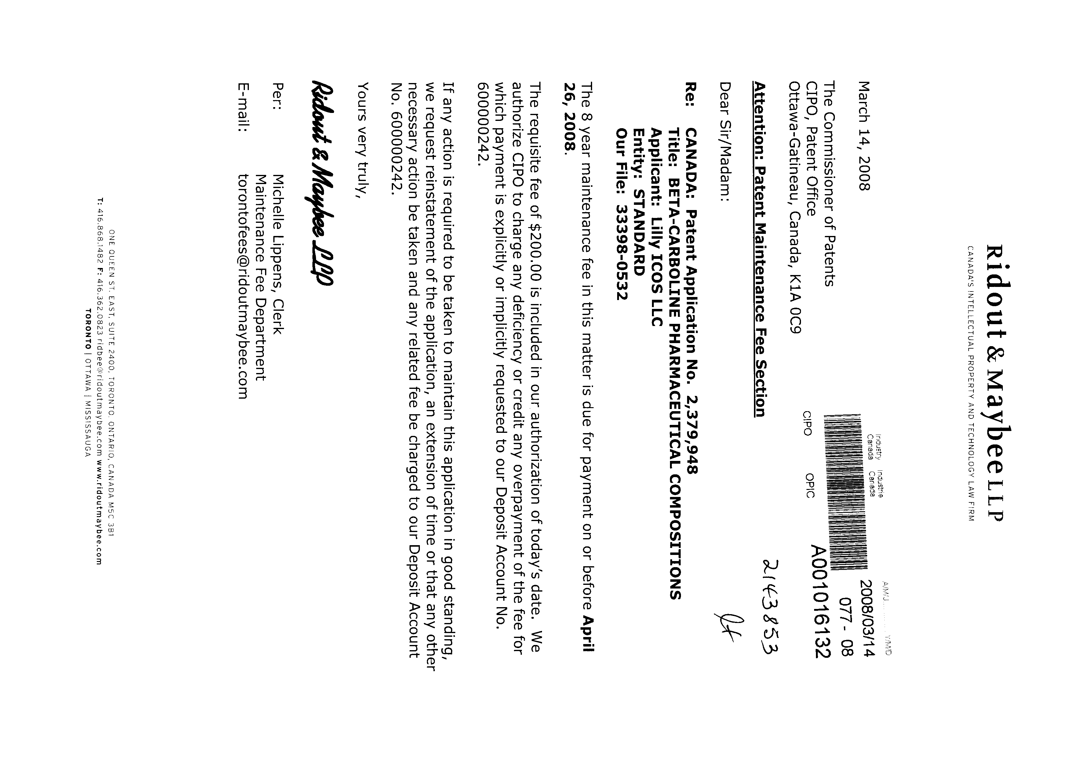 Canadian Patent Document 2379948. Fees 20071214. Image 1 of 1
