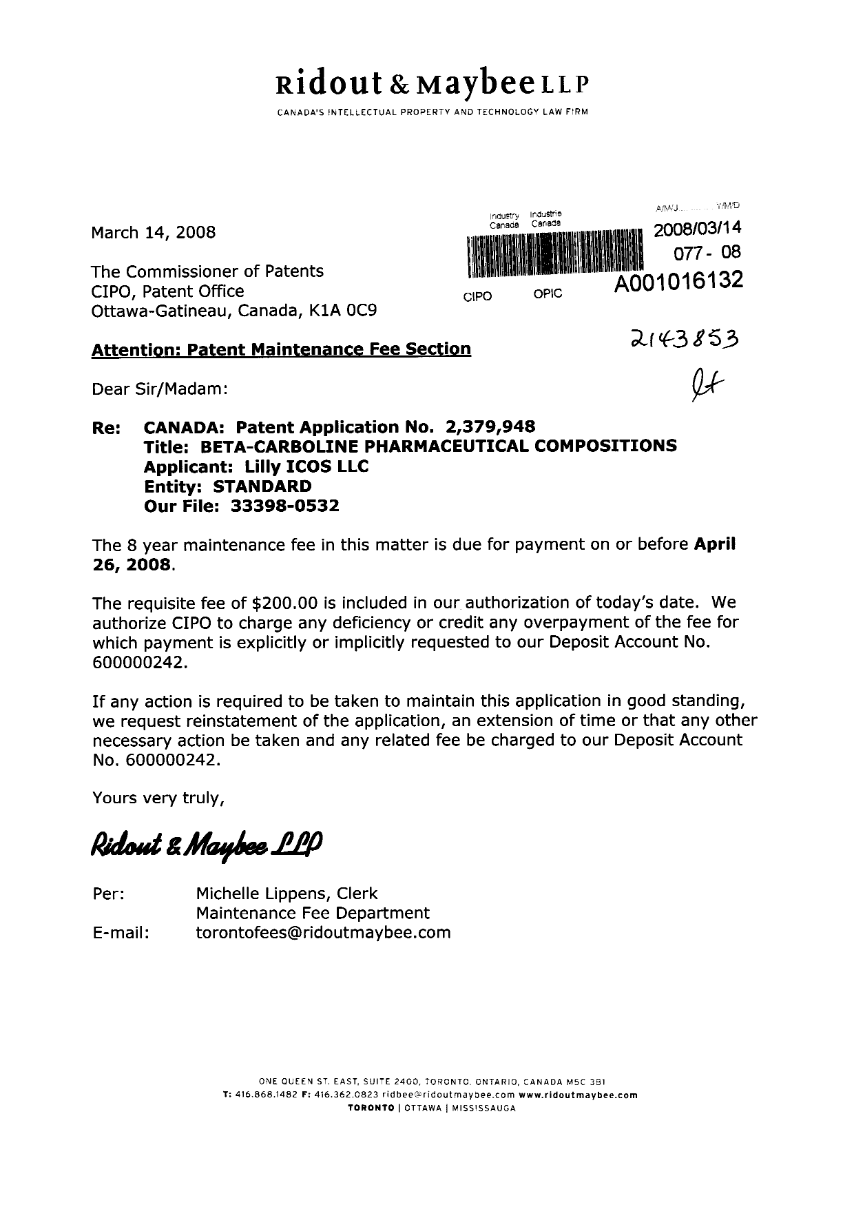 Canadian Patent Document 2379948. Fees 20071214. Image 1 of 1