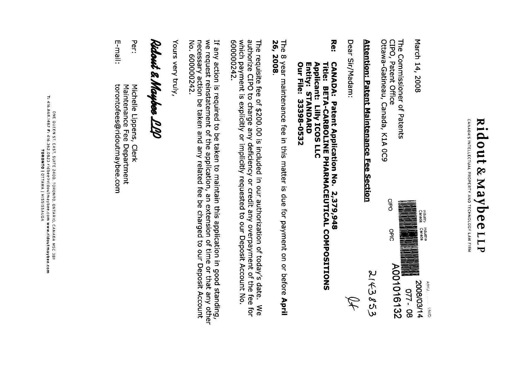 Document de brevet canadien 2379948. Taxes 20071214. Image 1 de 1