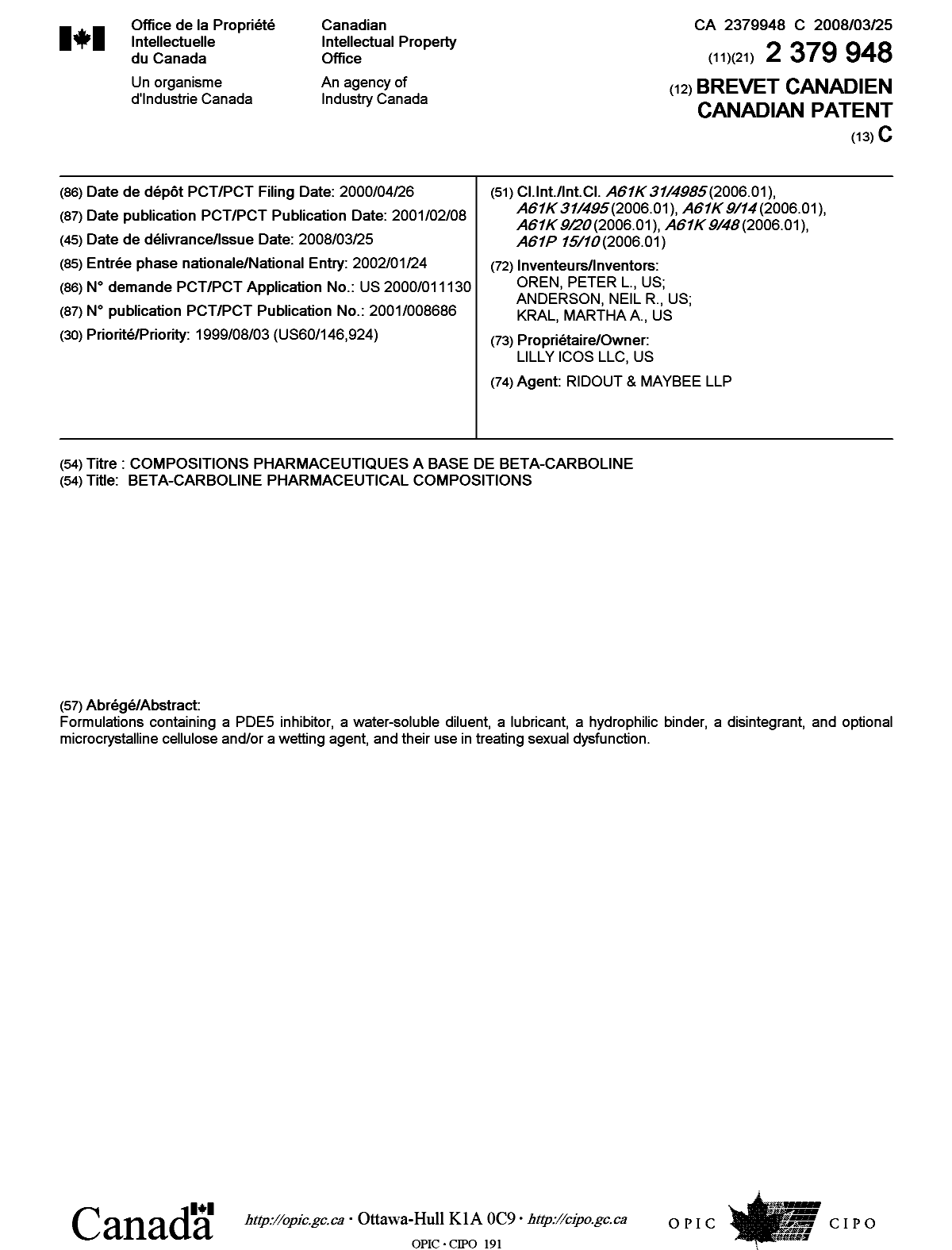 Document de brevet canadien 2379948. Page couverture 20071228. Image 1 de 1
