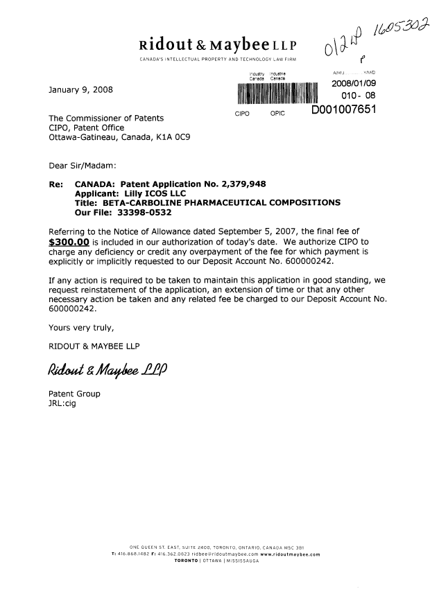 Canadian Patent Document 2379948. Correspondence 20080109. Image 1 of 1