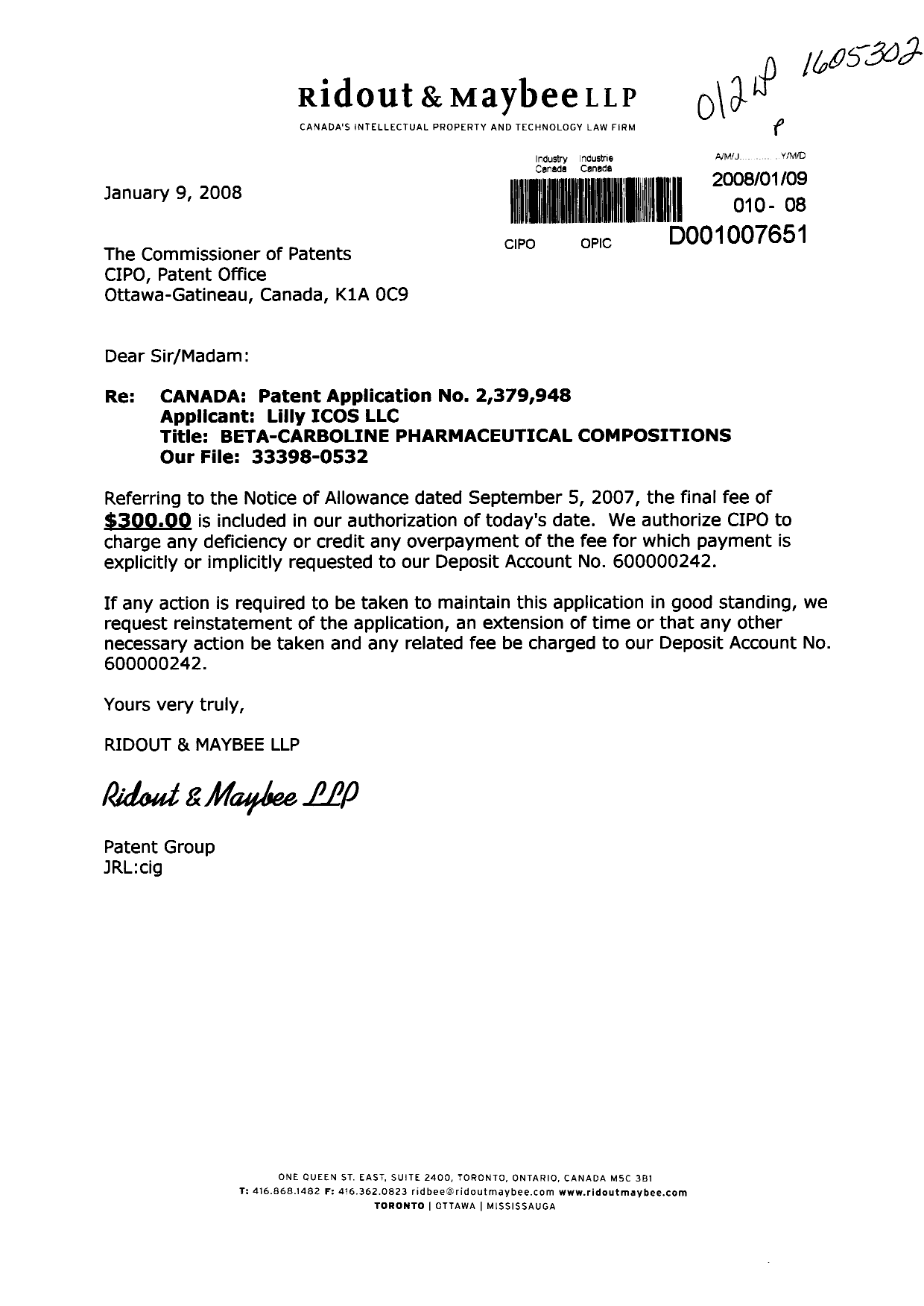 Document de brevet canadien 2379948. Correspondance 20080109. Image 1 de 1