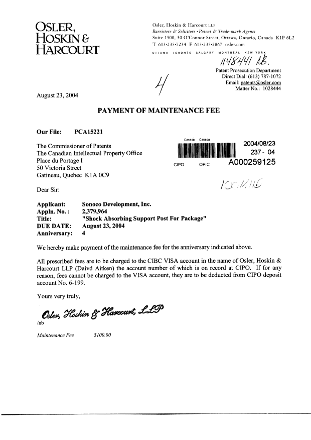 Canadian Patent Document 2379964. Fees 20040823. Image 1 of 1