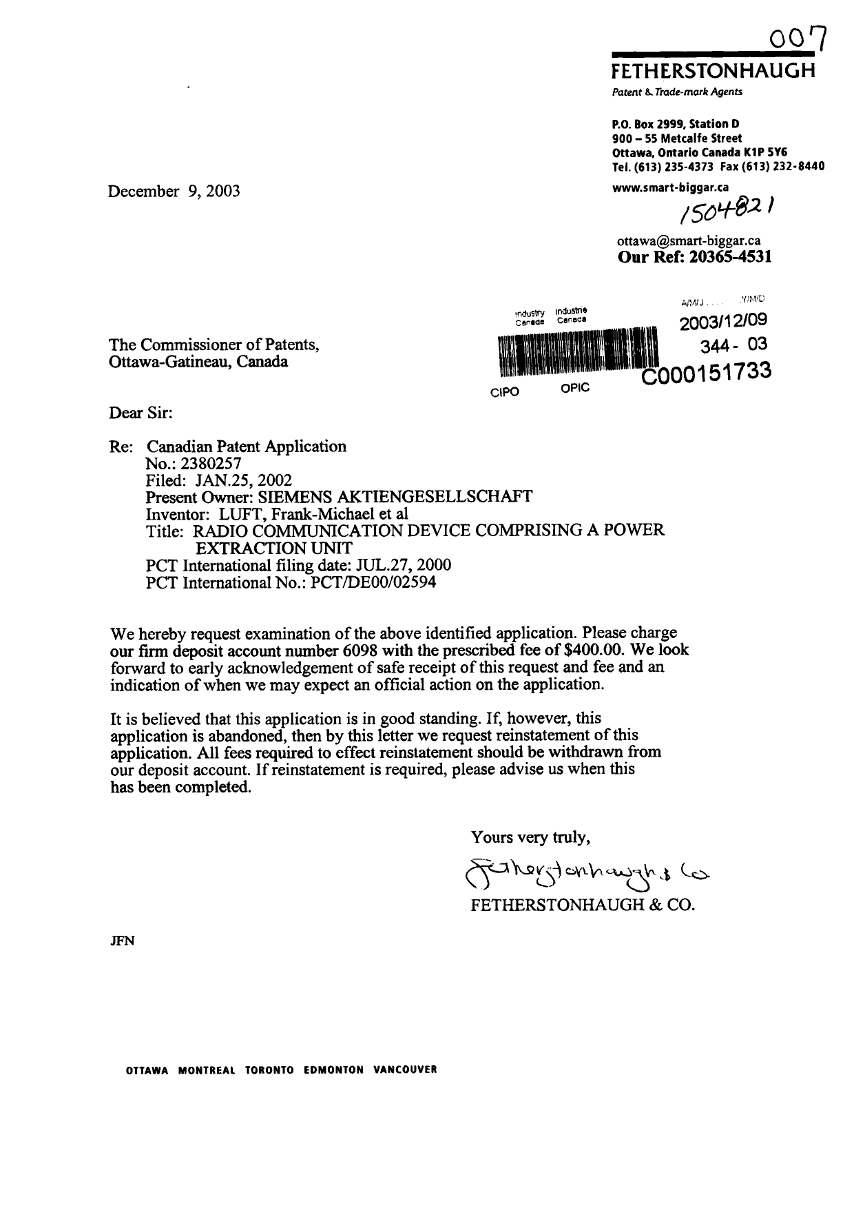 Canadian Patent Document 2380257. Prosecution-Amendment 20031209. Image 1 of 1