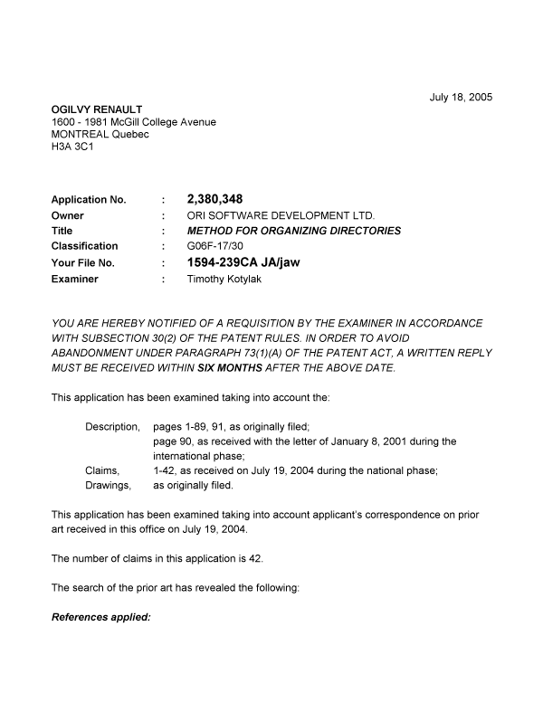 Canadian Patent Document 2380348. Prosecution-Amendment 20050718. Image 1 of 5
