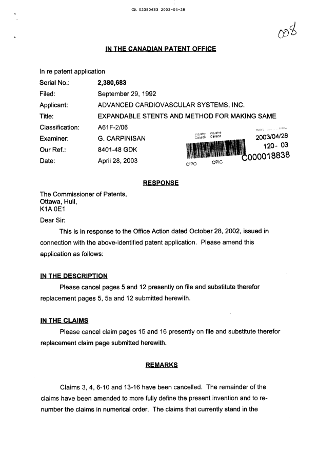 Canadian Patent Document 2380683. Prosecution-Amendment 20030428. Image 1 of 7