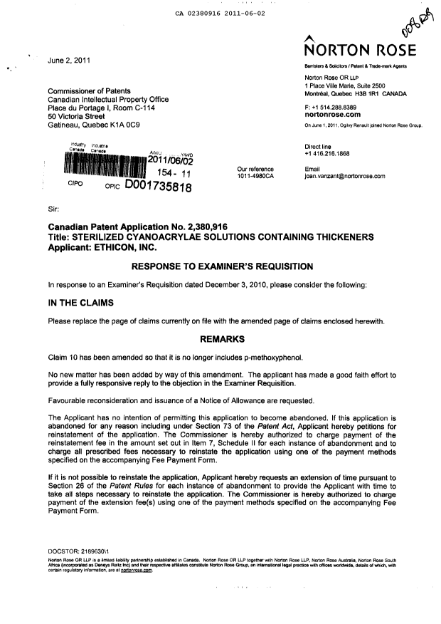 Canadian Patent Document 2380916. Prosecution-Amendment 20110602. Image 1 of 3