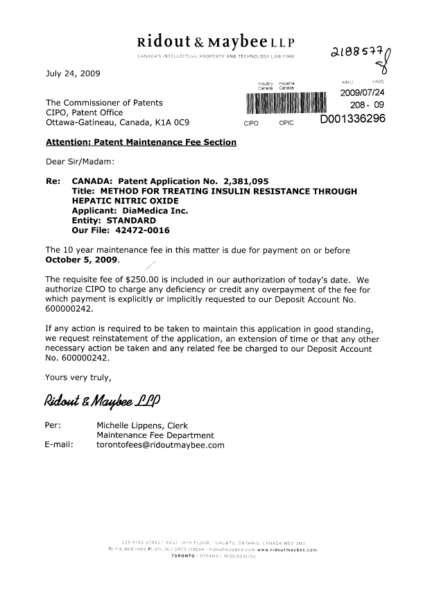 Document de brevet canadien 2381095. Taxes 20090724. Image 1 de 1