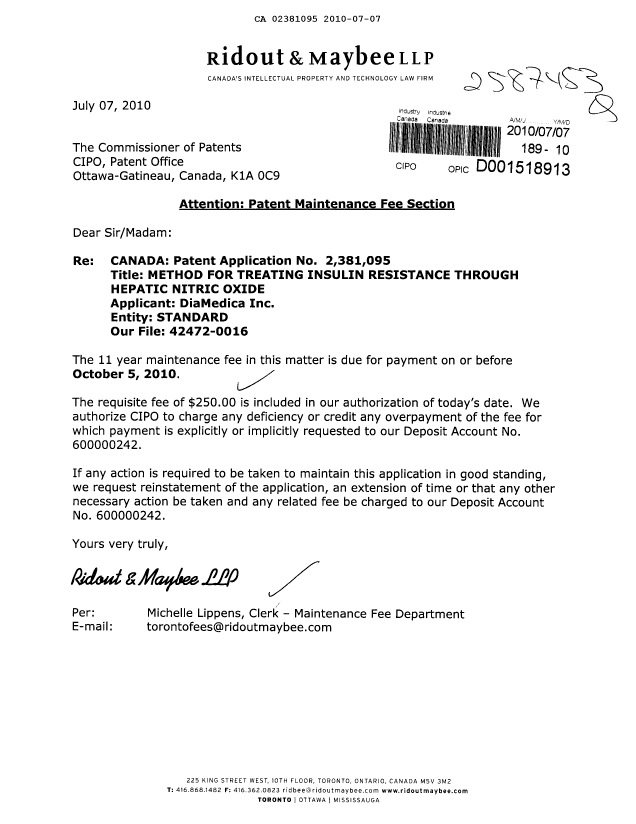 Canadian Patent Document 2381095. Fees 20100707. Image 1 of 1