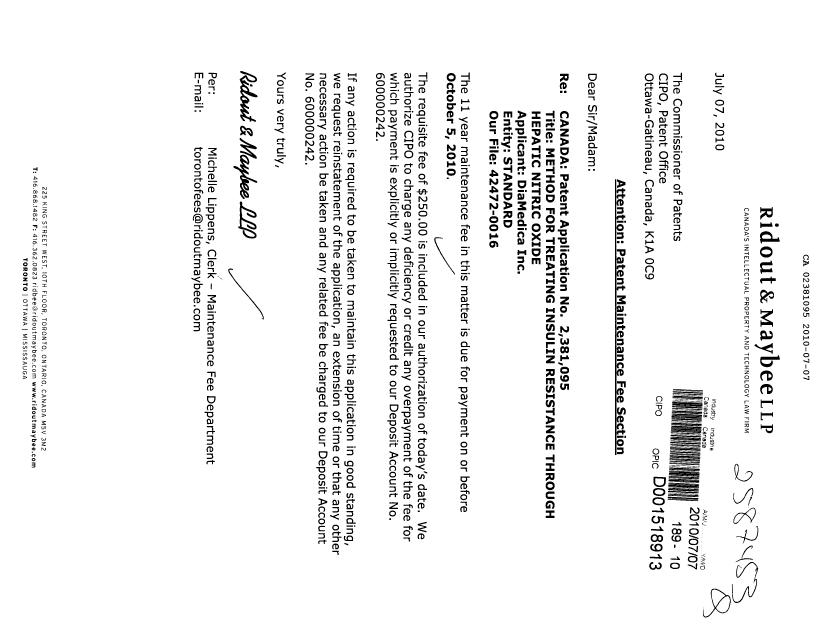 Canadian Patent Document 2381095. Fees 20100707. Image 1 of 1