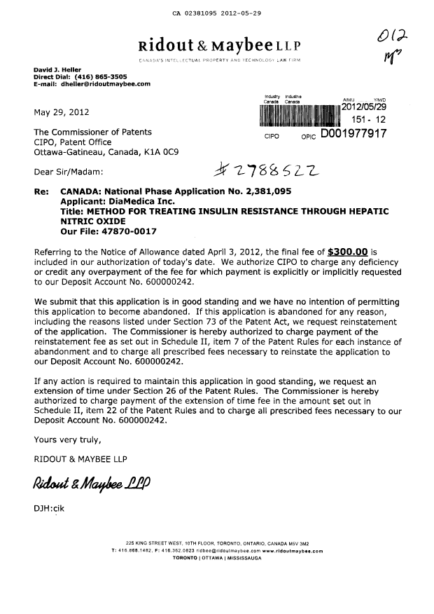 Document de brevet canadien 2381095. Correspondance 20120529. Image 1 de 1