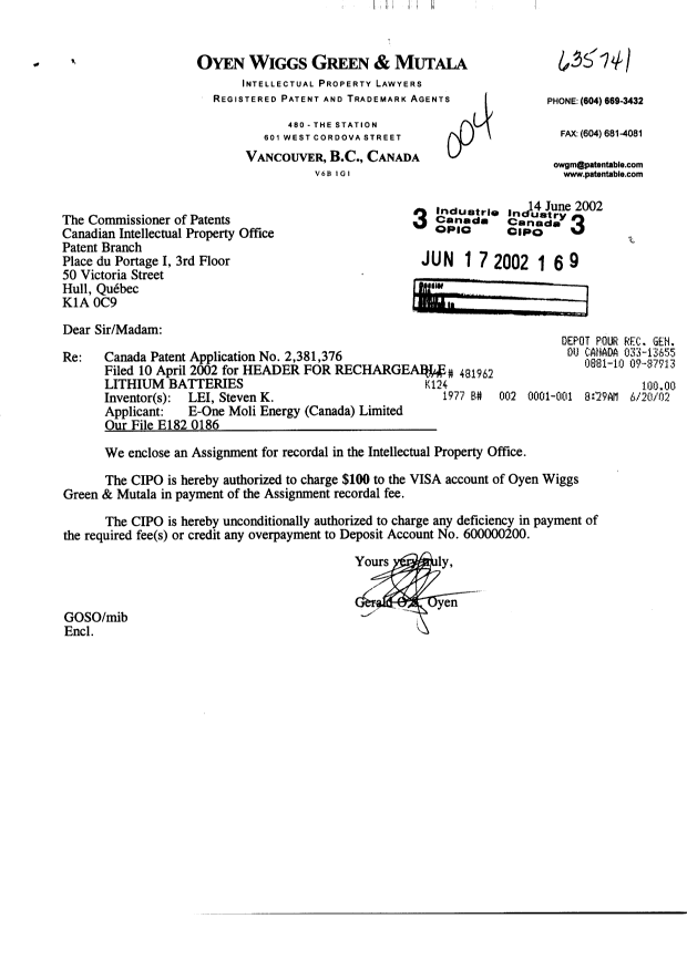 Canadian Patent Document 2381376. Assignment 20020617. Image 1 of 3
